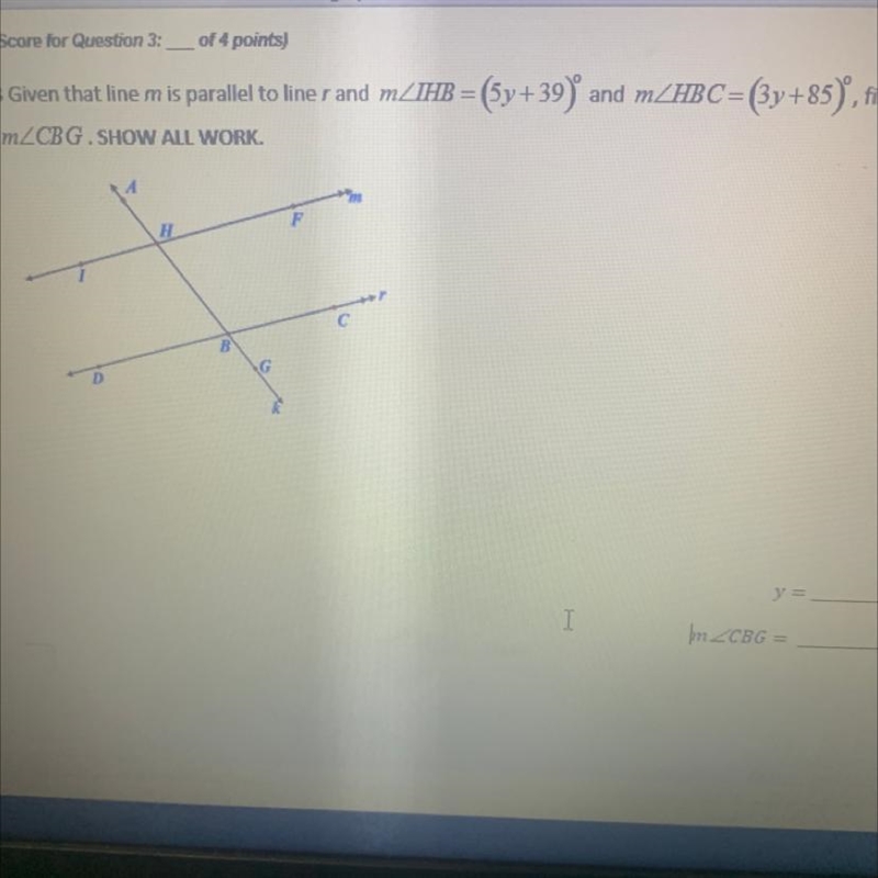 Given that line m is parallel to line r and m = (3y +85), find m-example-1