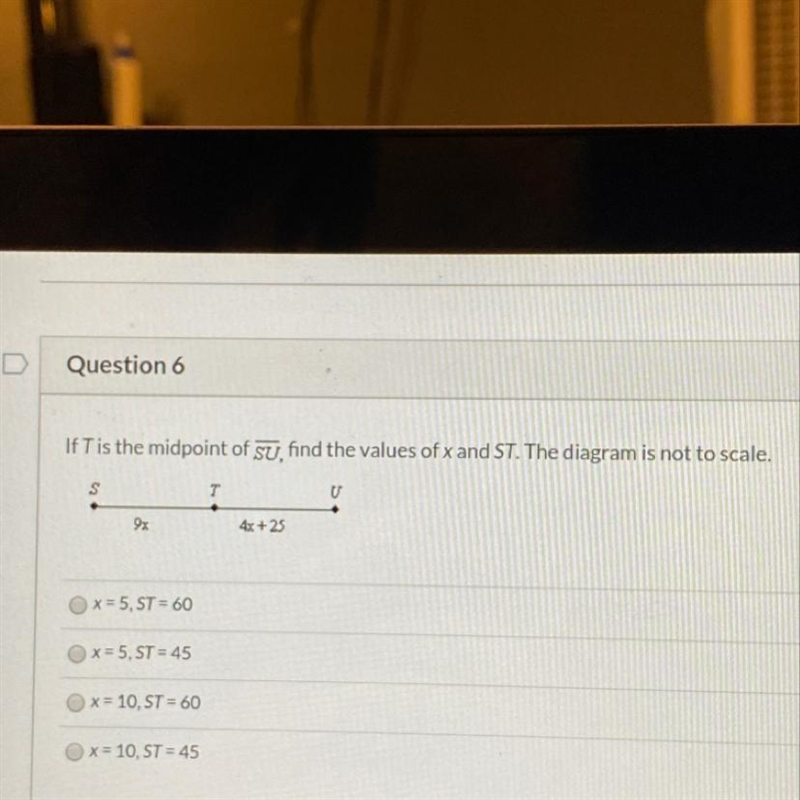 If T is the midpoint of SU, find the values of x and ST-example-1