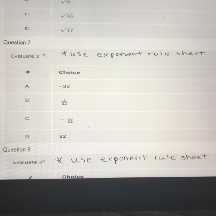 Evaluate 2^-5 A. -32 B. 1/32 C. -1/32 D. 32-example-1