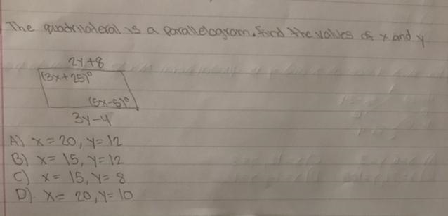 The quadrilateral is a parallelogram.find the value of x and y..-example-1