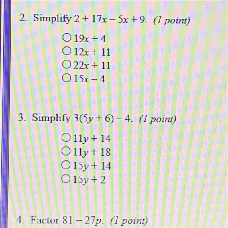 Simplify 2 + 17x - 5x + 9-example-1