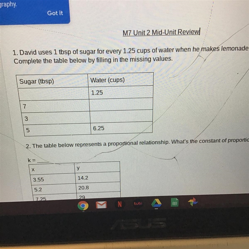 1. David uses 1 tbsp of sugar for every 1.25 cups of water when he makes lemonade-example-1