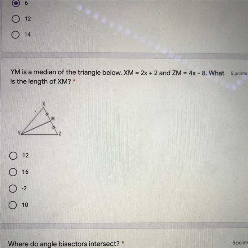 YM is a median of the triangle below. XM = 2x + 2 and ZM = 4x - 8. What 5 points is-example-1