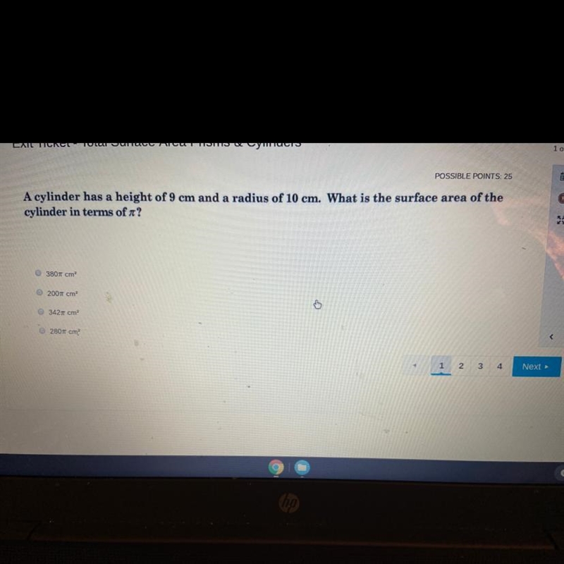 A cylinder has a height of 9 cm and a radius of 10 cm. What is the surface area of-example-1