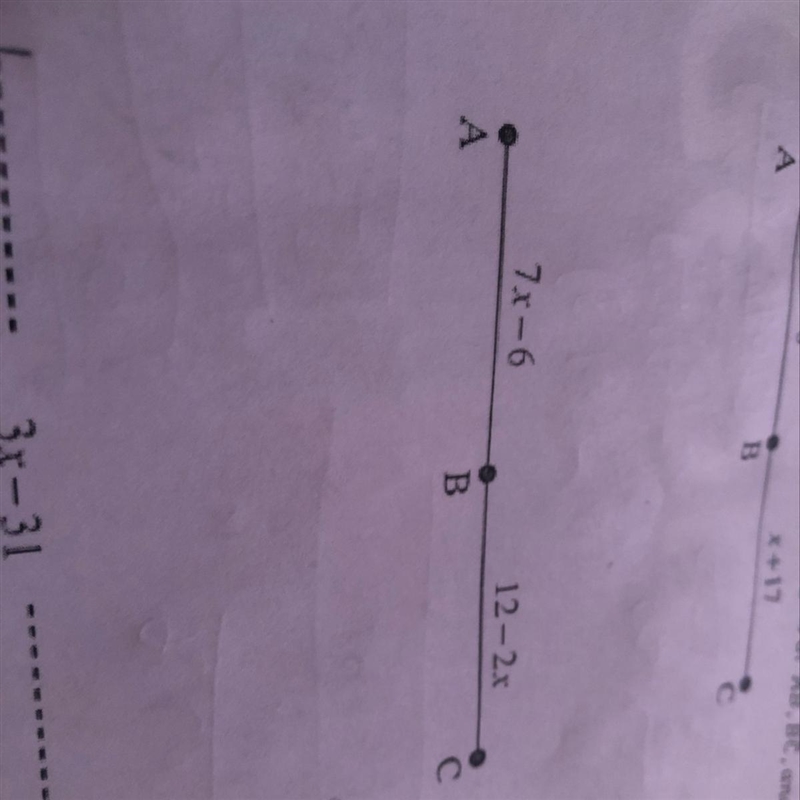 If B is the midpoint of AC, solve for x, and find the lengths of AB, BC, and AC. Please-example-1