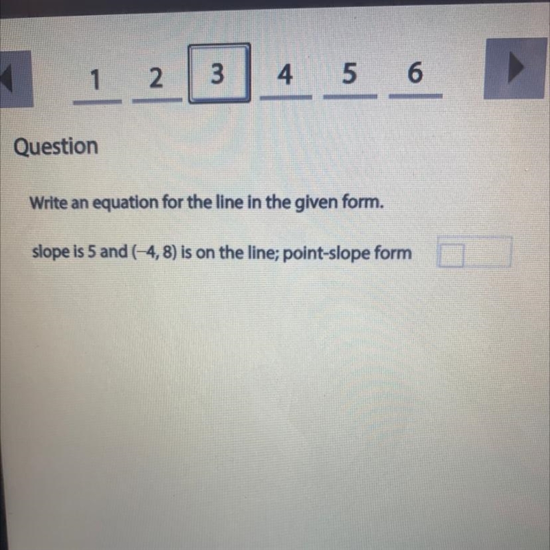 Write an equation for the line in the given form. slope is 5 and (-4, 8) is on the-example-1