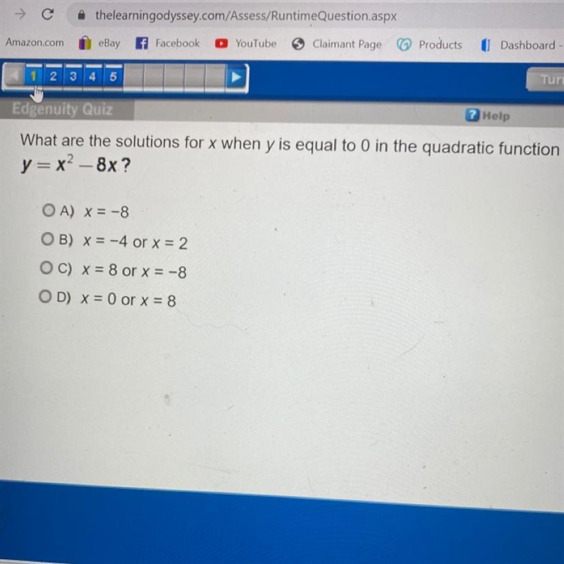 What are the solutions for x when y is equal to 0 in the quadratic function y= x2 – 8x-example-1