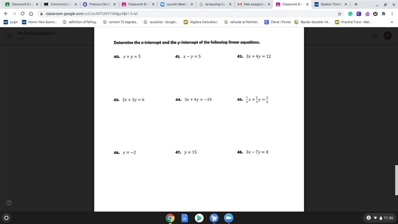 Determine the x-intercept and y-intercept of the following linear equations standard-example-1