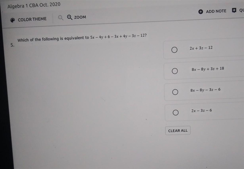 Which of the following is equivalent to 5x - 4y +6 - 3x + 4y - 33 - 12? ​-example-1