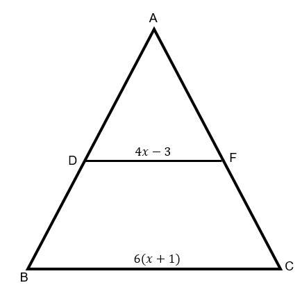 (NEED DONE QUICK) Triangle ABC has a midsegment at DF and segment DF is parallel to-example-1