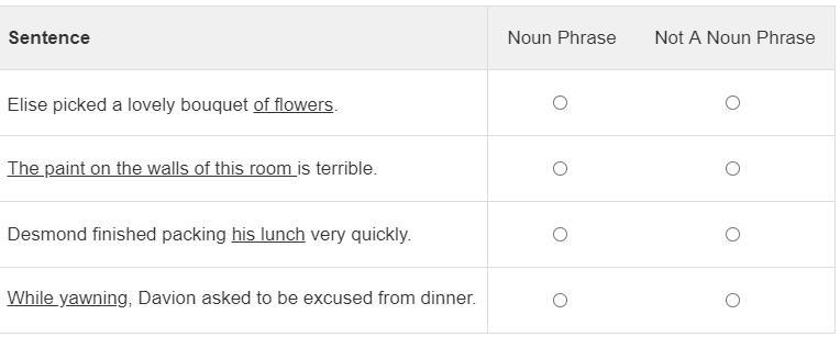 Select Noun Phrase if the underlined group of words is a noun phrase. Select Not a-example-1