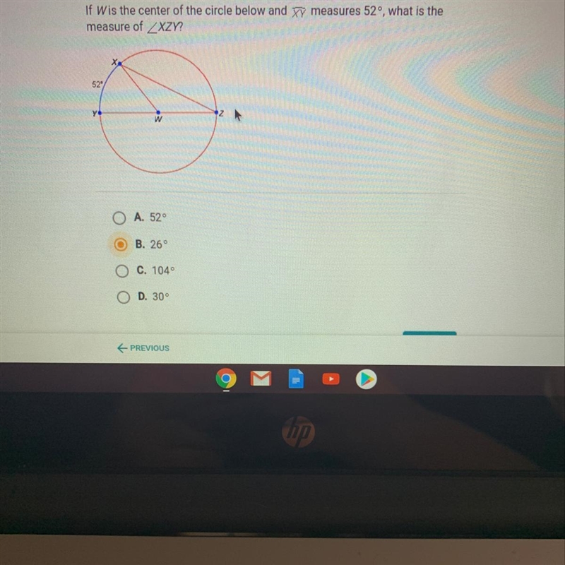 If W is the center of the circle below and measures 52°, what is the measure of XZY-example-1