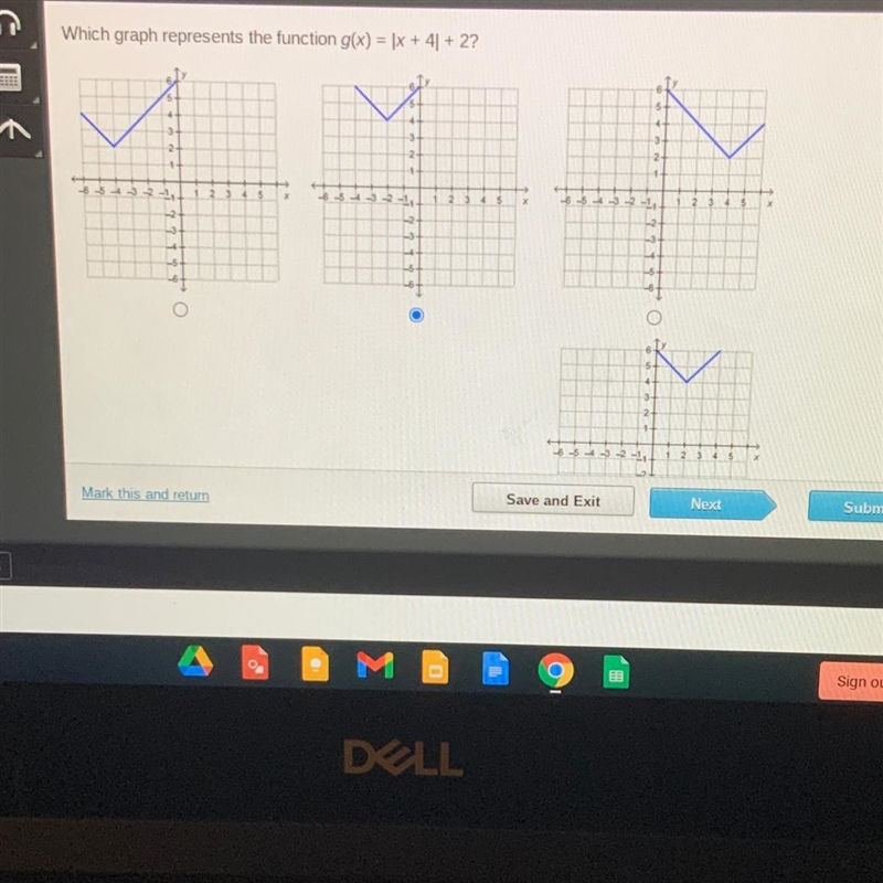 15 points Which graph represents the function g(x) = |x+4|+2?-example-1