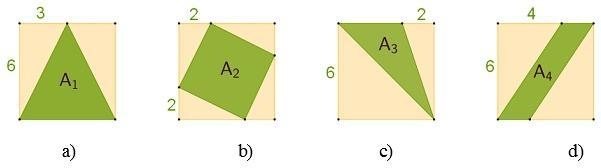 The side length of each square is 6 units. Find the areas of the inscribed shapes-example-1