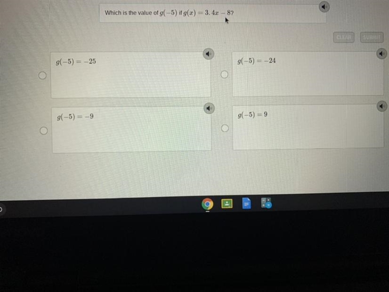 Which is the value of g(-5) it g(x) = 3,4x - 8?-example-1