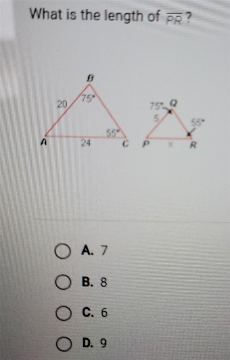 What is the length of PR? A. 7 B. 8 C. 6 D. 9​-example-1