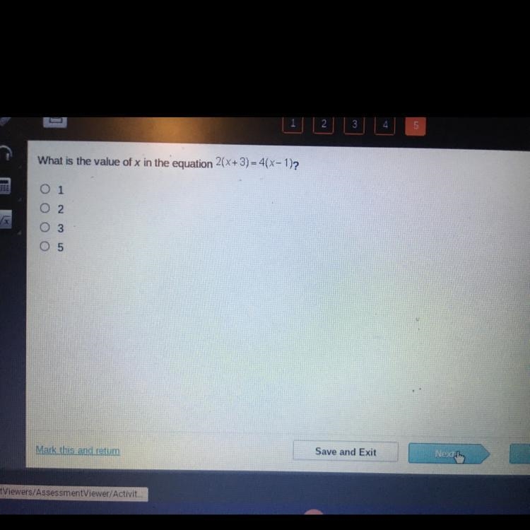 What is the value of x in the equation 2(X+3) = 4(X-1)2 O1 O2 O3 O5 Please hurry ._.-example-1