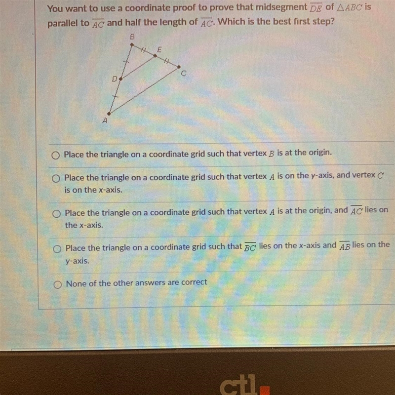 You want to use a coordinate proof to prove that midsegment DE of ABC is parallel-example-1