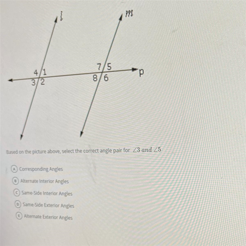 Please help! Based on the picture above, select the correct angle pair for 3 and 5-example-1