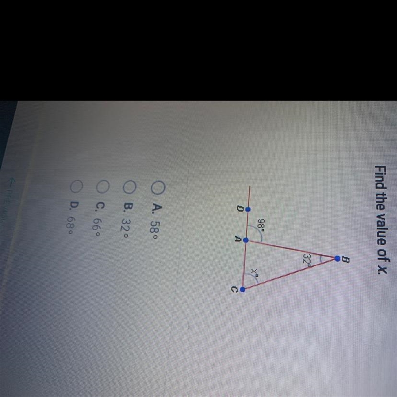 Find the value of x. 08* ος Ο Α. 58ο Ο Ο Ο Ο Β. 32ο C. 669 D. 68ο-example-1