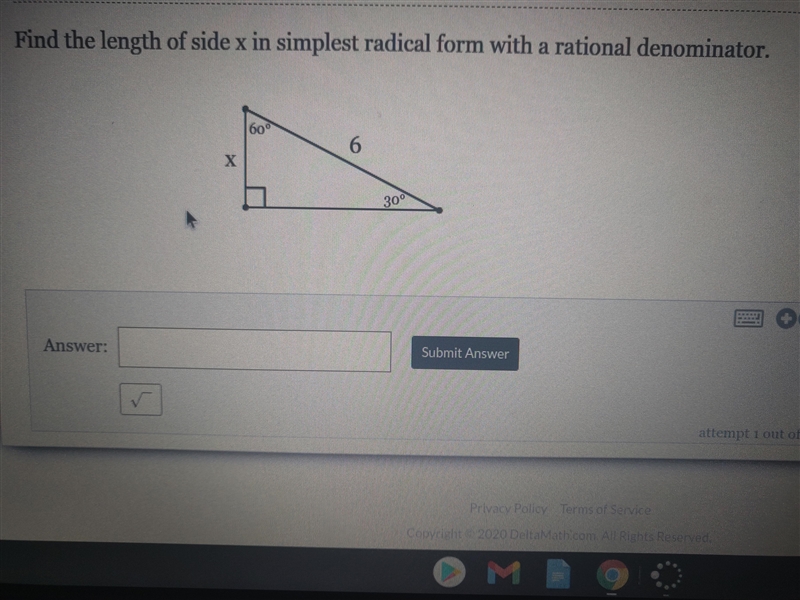 Find the length of side x in simplest radical form with a rational denominator-example-1