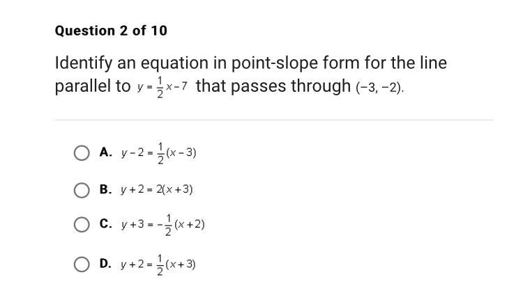 identify an equation in slope-intercept form for the line parallel to y=1/2x-7 that-example-1