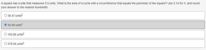 A square has a side that measures 5.5 units. What is the area of a circle with a circumference-example-1