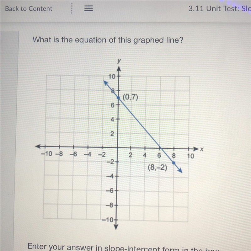 What is the equation of this graphed line? (0,7) (8,-2) Enter your answer in slope-example-1