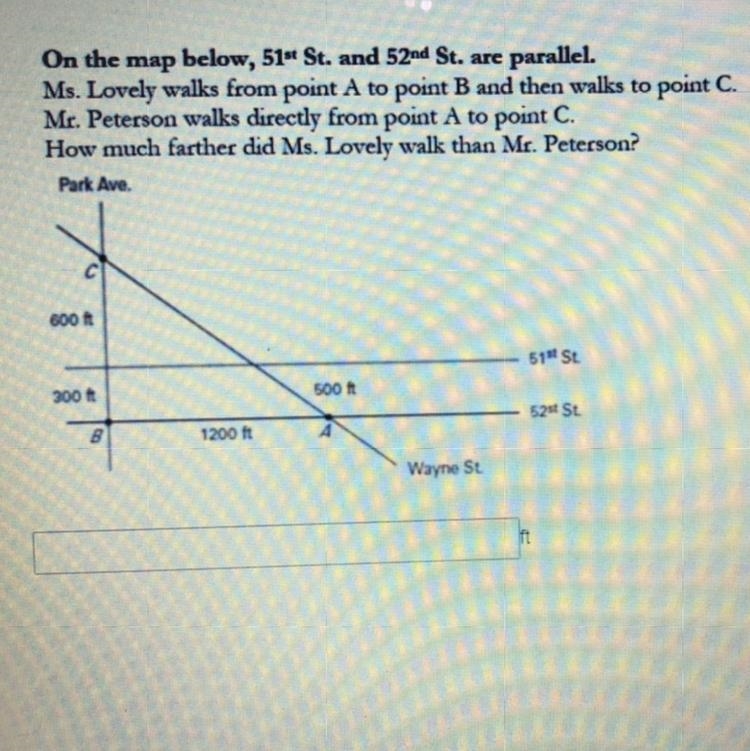 PLEASE HELP IM BEING TIMED! Geometry!! Answer needs to be in feet. On the map below-example-1