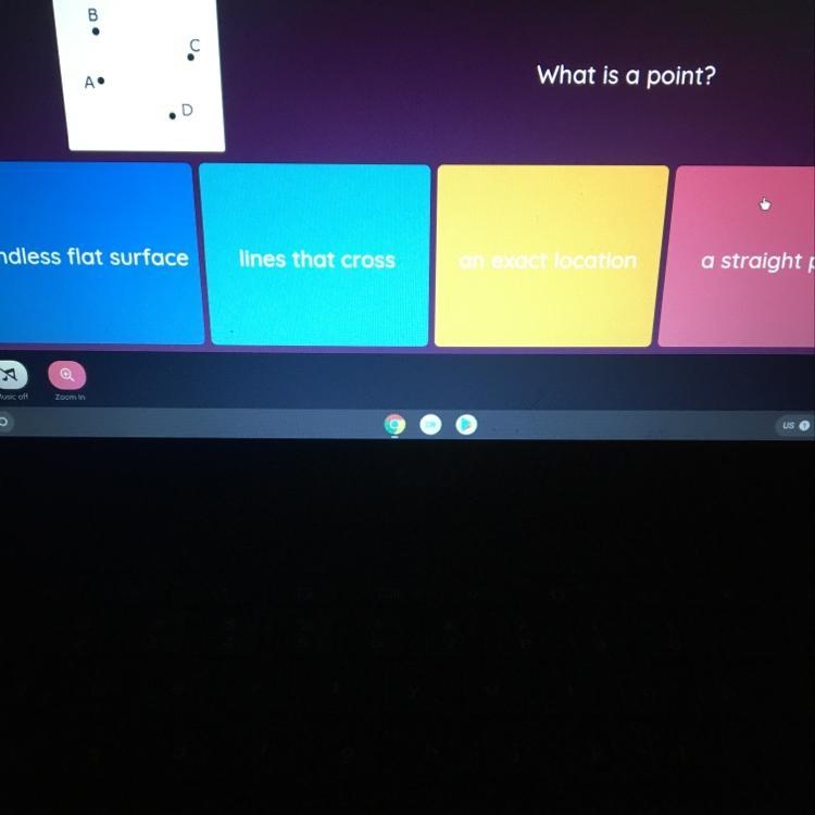 What is a point.? endless flat surface,line that cross, an exact location a, straight-example-1