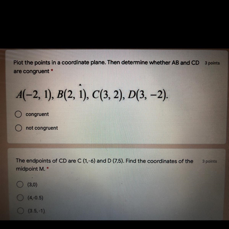 Plot the points in a coordinate plane. Then determine whether AB and CD are congruent-example-1