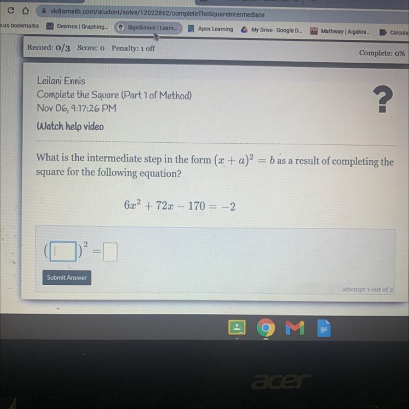 What is the intermediate step in form (x+a)^2=b as a result of completing the square-example-1