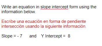 Write an equation in slope intercept form using the information below.-example-1