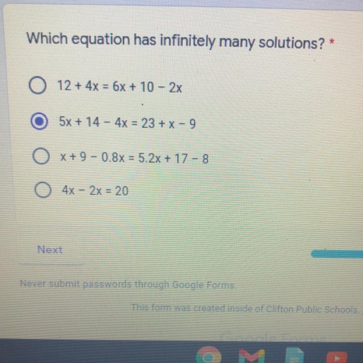 Which equation has infinitely many solutions? O 12 + 4x = 6x + 10 - 2x 5x + 14 - 4x-example-1