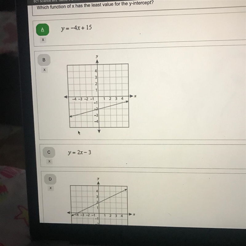 Which function of x has the least value for the y-intercept? A y=-4x+ 15 Х B Х 4 3 2 1 -4-3-2-1 -1 -3 - С-example-1