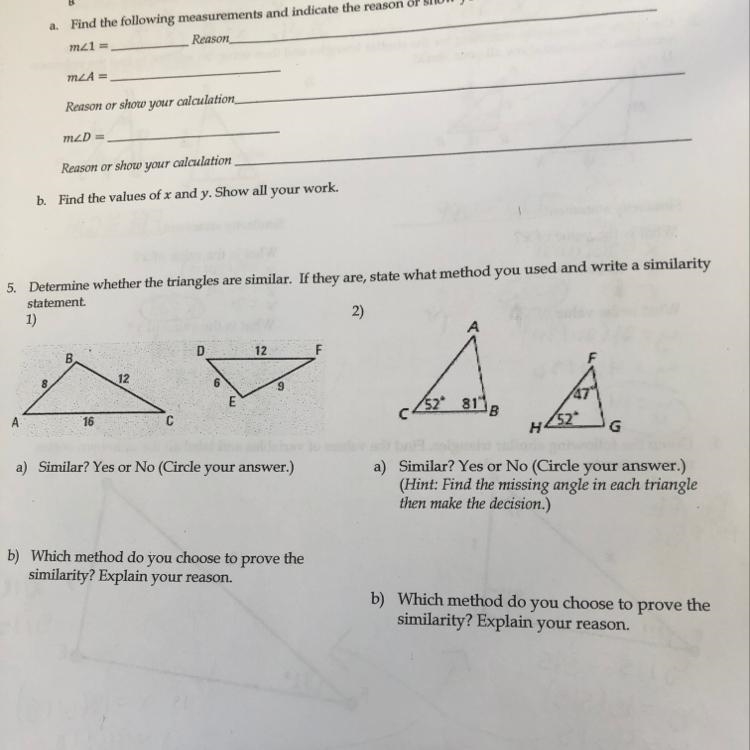 5. Determine whether the triangles are similar. If they are, state what method you-example-1