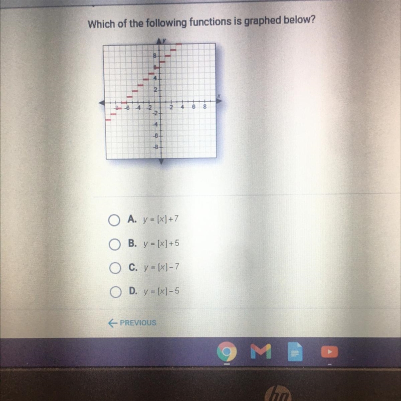 Which of the following functions is graphed below? A. y = [X]+7 B. y = [X] +5 C. y-example-1