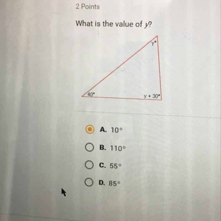 What is the value of y? 40° Y + 30°-example-1