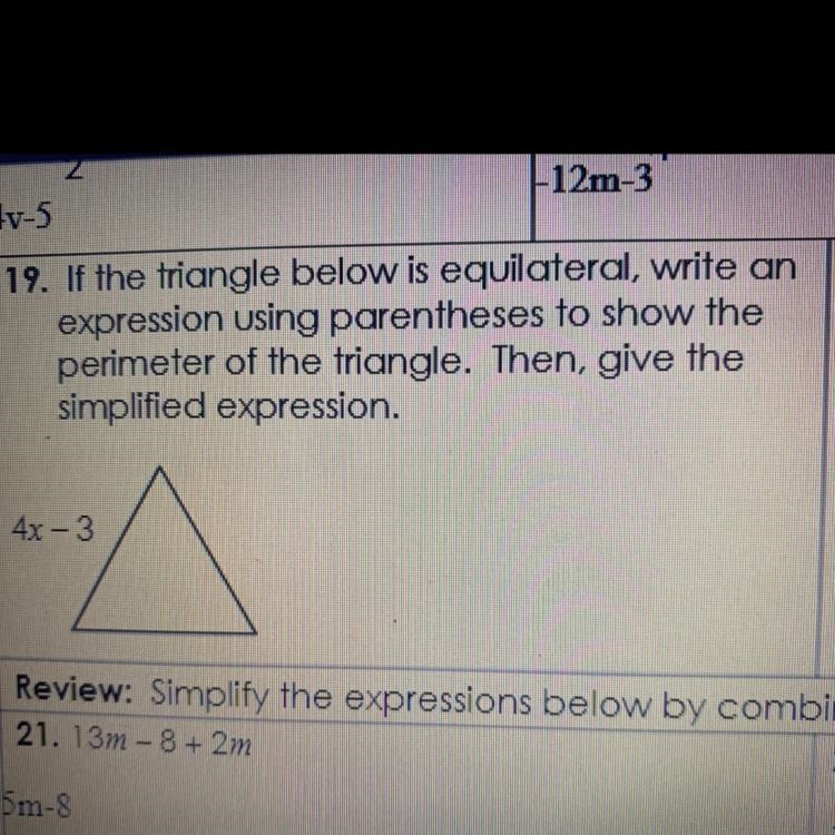 19. If the triangle below is equilateral, write an expression using parentheses to-example-1