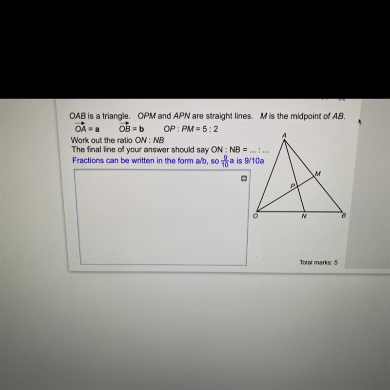 OAB is a triangle. OPM and APN are straight lines. Mis the midpoint of AB. OA = a-example-1