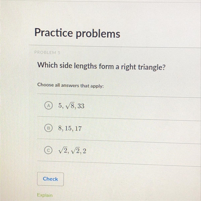 Which side lengths form a right triangle?-example-1