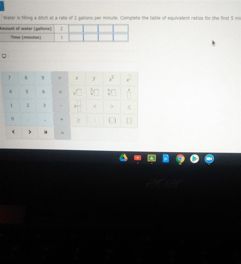 Water is filling a ditch at a rate of 2 gallons per minute. Complete the table of-example-1