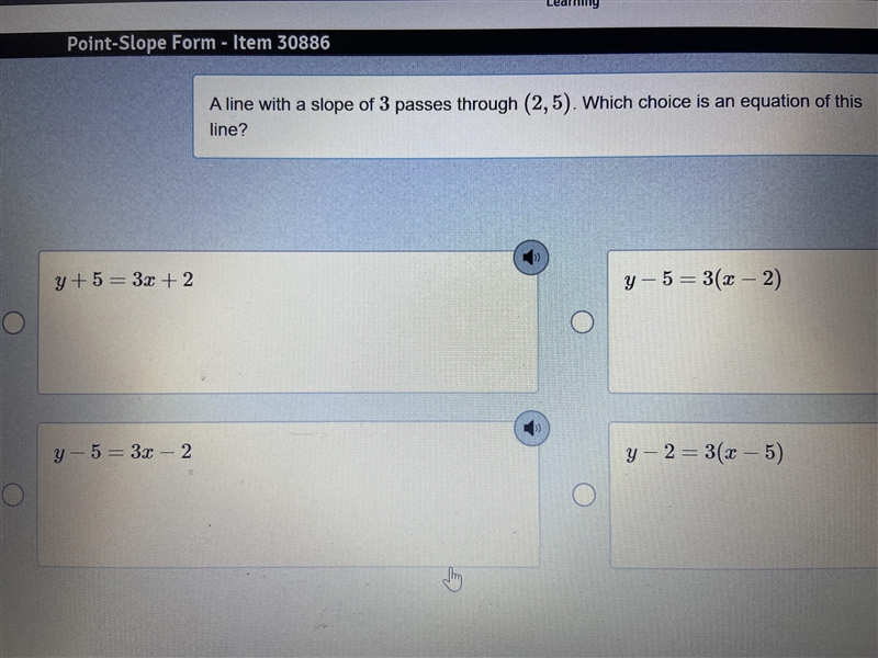 A line with a slope of 3 passes through (2,5). Which choice is an equation of this-example-1