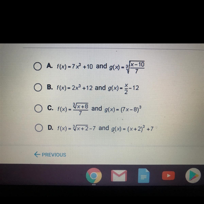 Which of the following pairs of functions are inverses of each other?-example-1