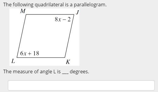 The following quadrilateral is a parallelogram. An illustration of parallelogram MLKJ-example-1