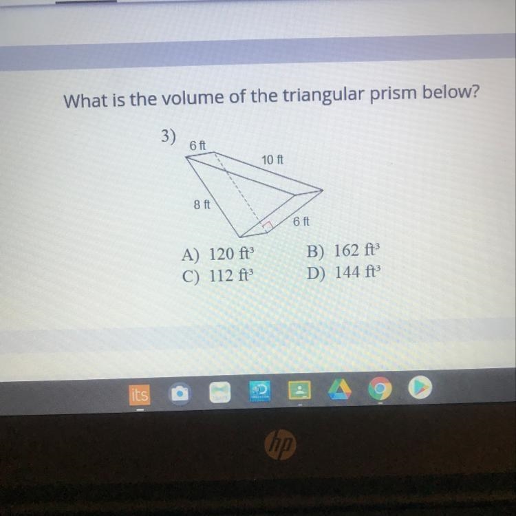 What is the volume of the triangular prism below? 3) 6 ft 10 ft 8 ft 6 ft A) 120 ft-example-1