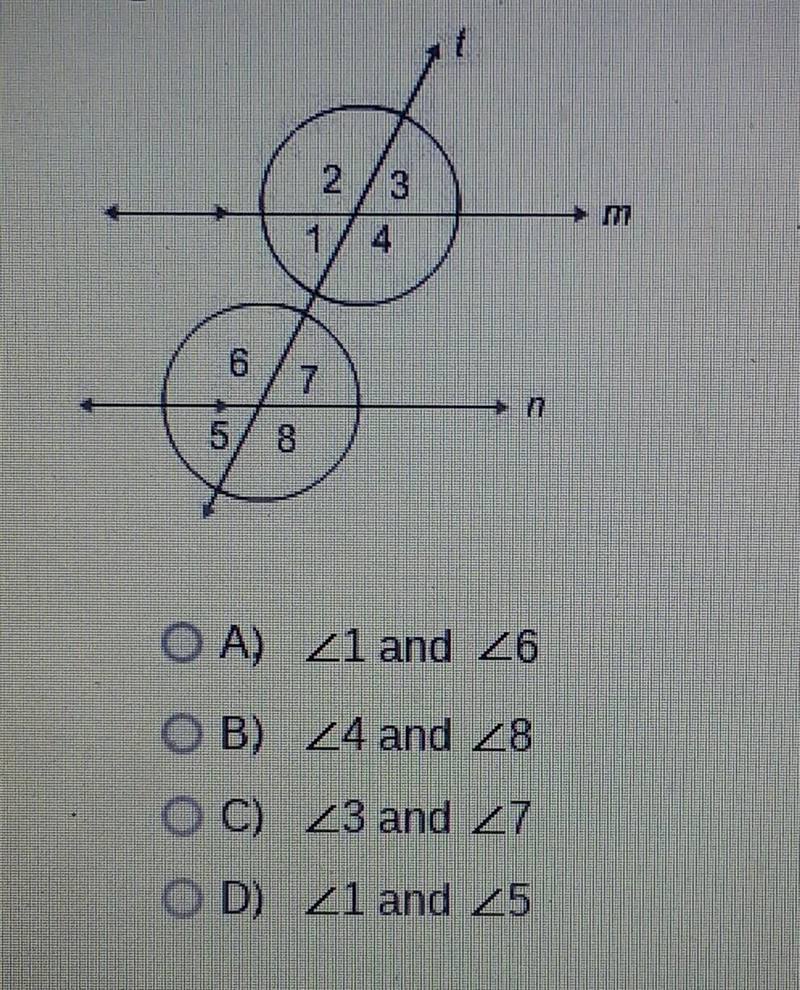 Parallel lines m and n are cut by a transversal t. Which two angles are NOT corresponding-example-1