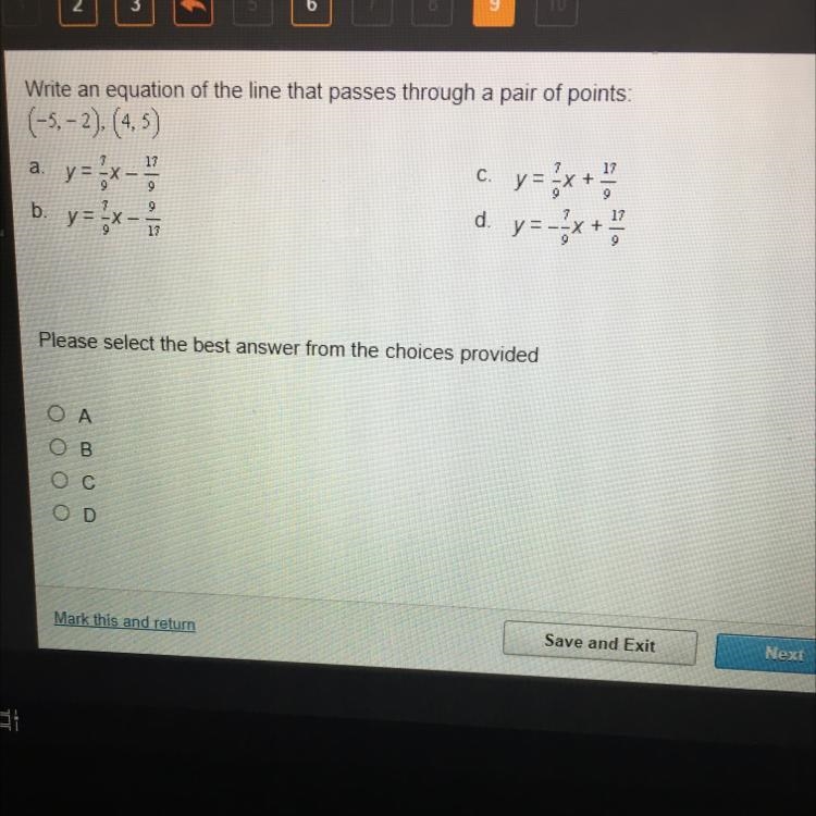 Write an equation of the line that passes through a pair of points: (-5,-2), (4,5) It-example-1