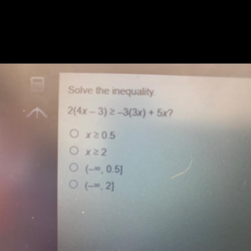 Solve the inequality. 2(4x-3) 2-3(3x) + 5X?-example-1