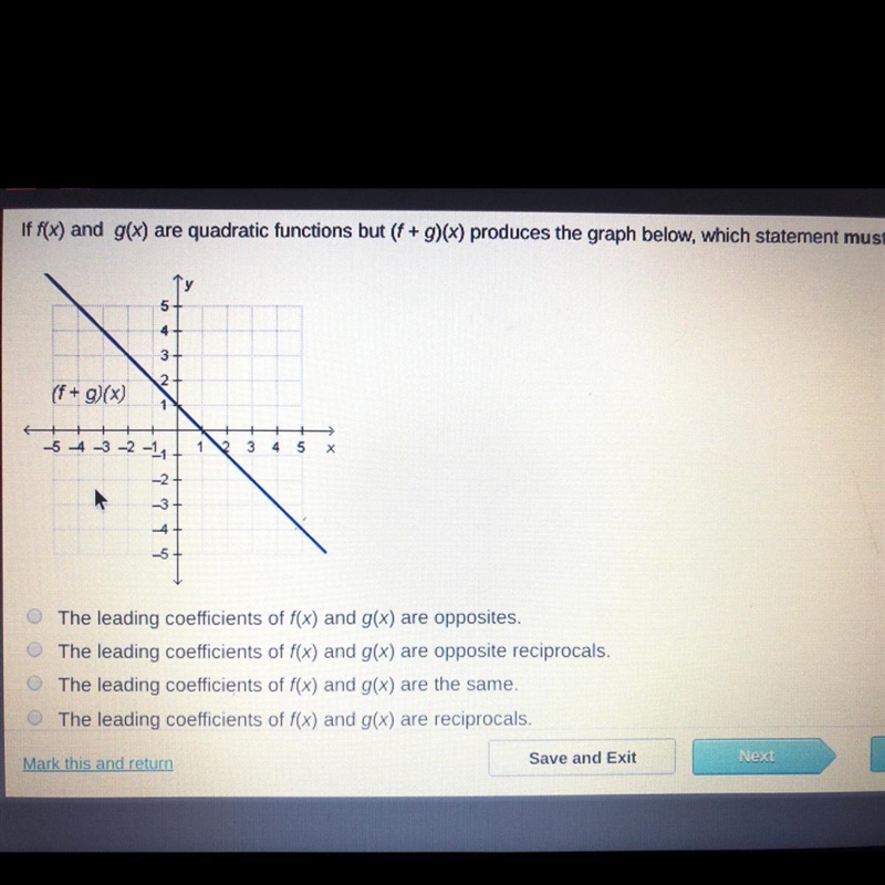 If f(x) and g(x) are quadratic functions but (f + g)(x) produces the graph below, which-example-1